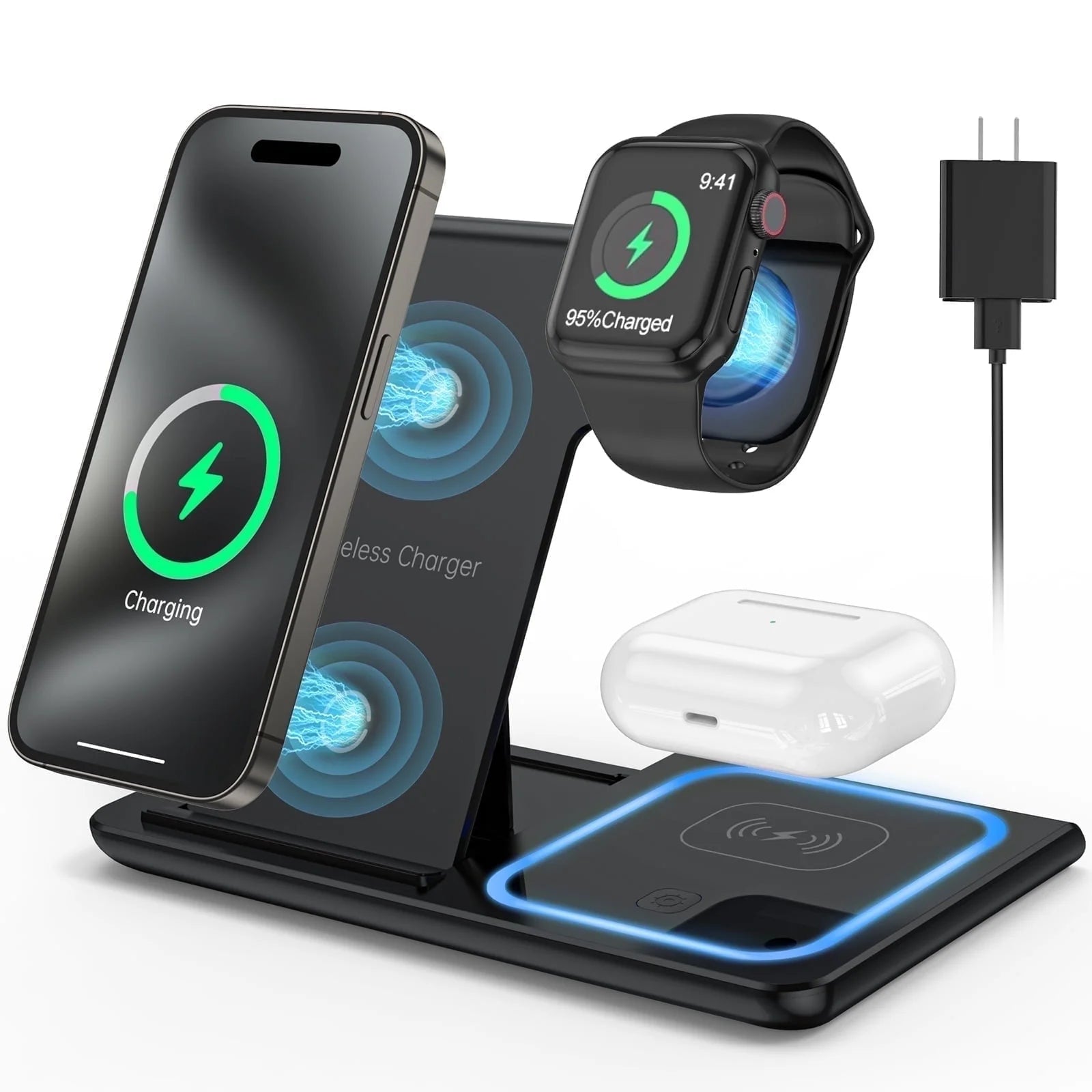 Wireless Charger,  18W Fast Iphone Charging Station Compatible with Iphone 16E/15/14/13/12/11/Pro Max/Plus, 3 in 1 Wireless Charging Stand for Iwatch SE 10/9/8/7/6/5/4/3, Airpods Pro/3/2